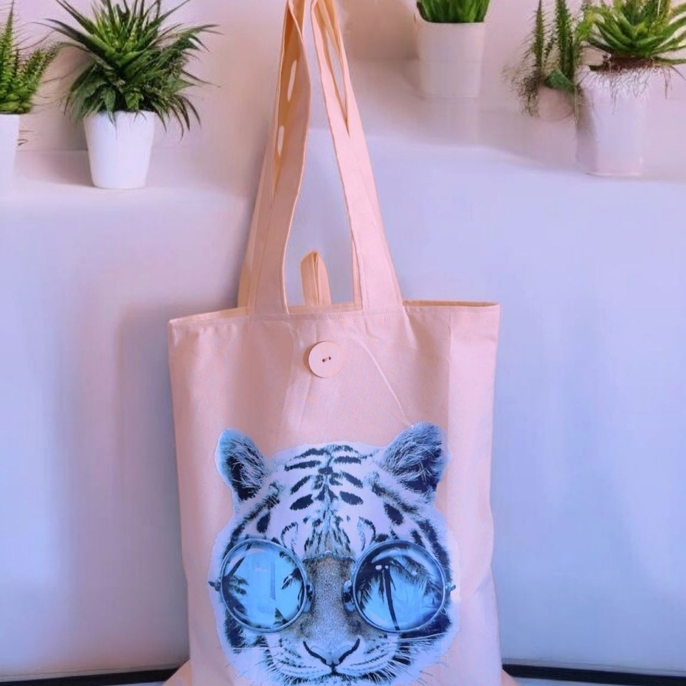 Cream and Blue Artistic Tote Bag with Tiger Design